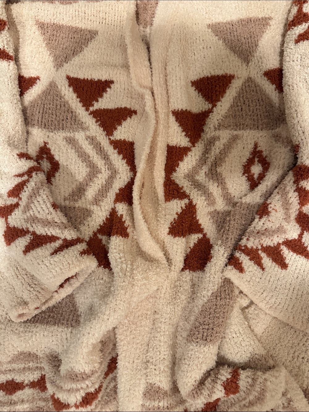 Cozy Cream & Rust Geometric Open-Front Women's Cardigan Sweater - Picture 4 of 4